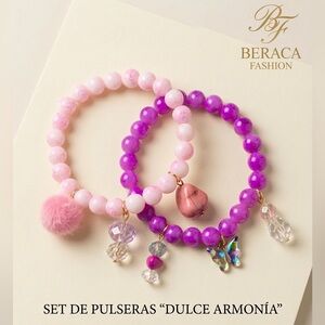Pink & Purple Beaded Bracelet Set with Charms
